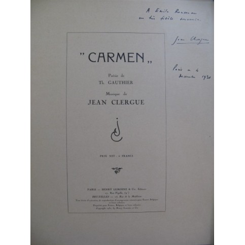 CLERGUE Jean Carmen Dédicace Chant Piano 1930