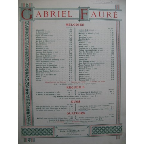 FAURÉ Gabriel Tarentelle Chant Piano XIXe