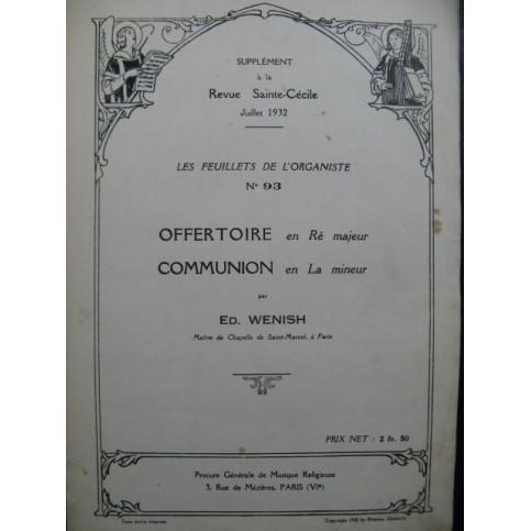 WENISH Ed. Offertoire et Communion Orgue 1932