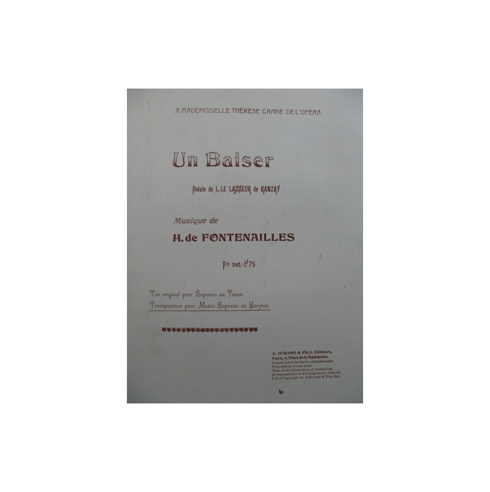 DE FONTENAILLES H. Un Baiser Chant Piano 1897