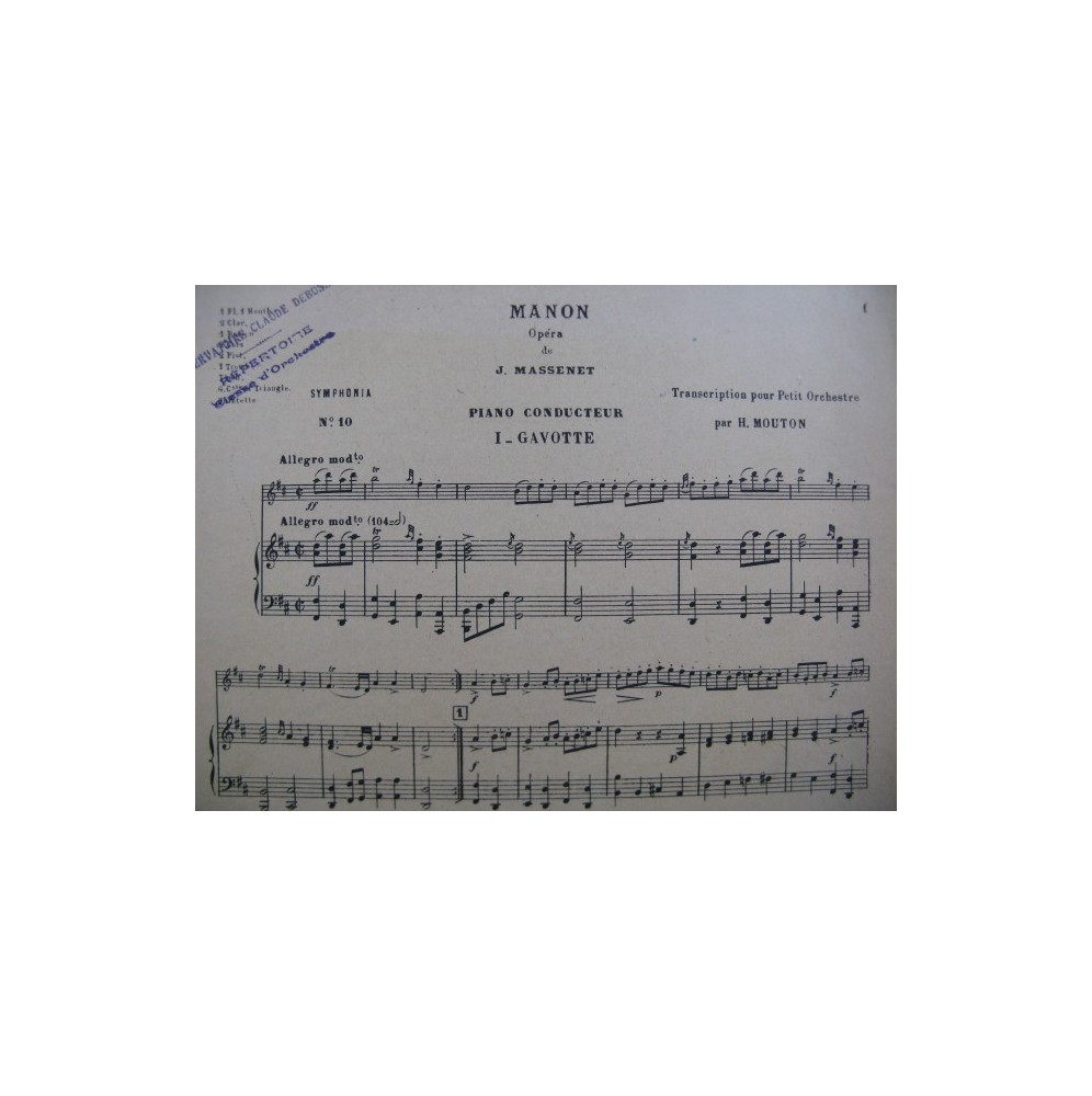 MASSENET Jules Manon Gavotte et Menuet Orchestre 1911