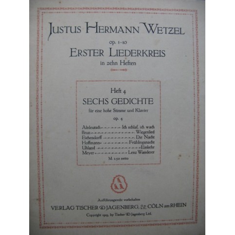 WETZEL Justus Hermann Sechs Gedichte Chant Piano 1919