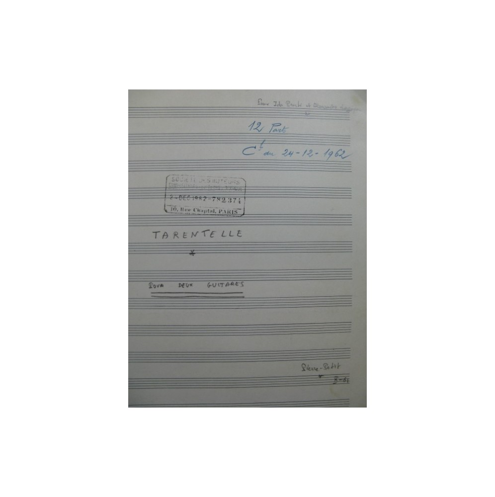 PETIT Pierre Tarentelle Manuscrit pour deux Guitares 1961