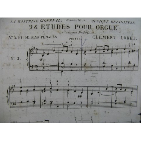LORET Clément Etude No 3 sans pédales Orgue ca1850