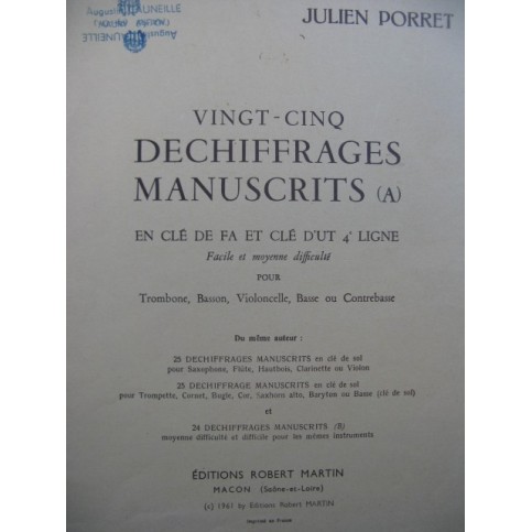 PORRET Julien 25 Dechiffrages Manuscrits Trombone Basson Violoncelle Basse 1961