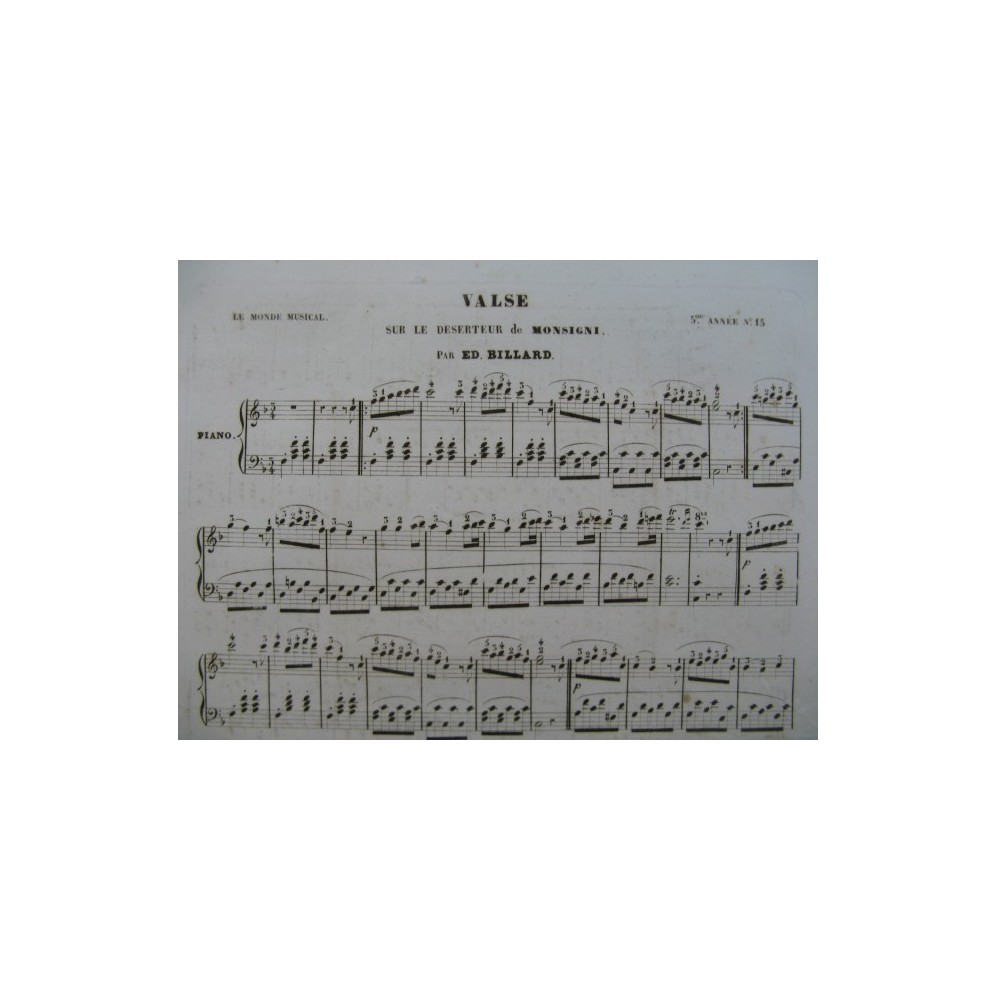BILLARD Ed. Valse sur le Déserteur de Monsigni Piano ca1845