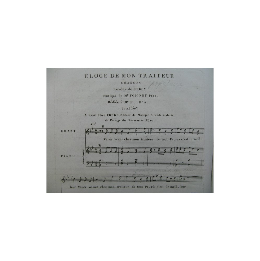 FOIGNET Père Éloge de mon Traiteur Chant Piano ca1825