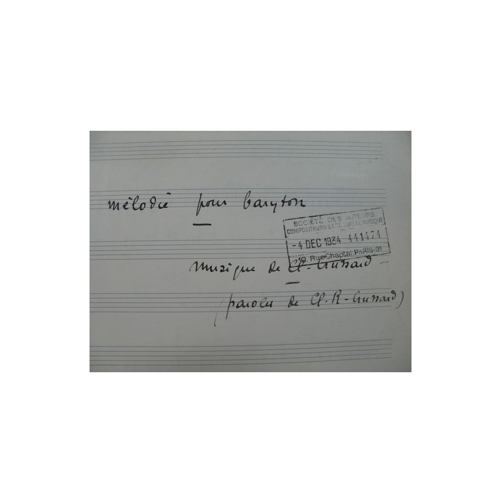 CRUSSARD Claude Mélodie pour Baryton Chant Piano manuscrit 1920