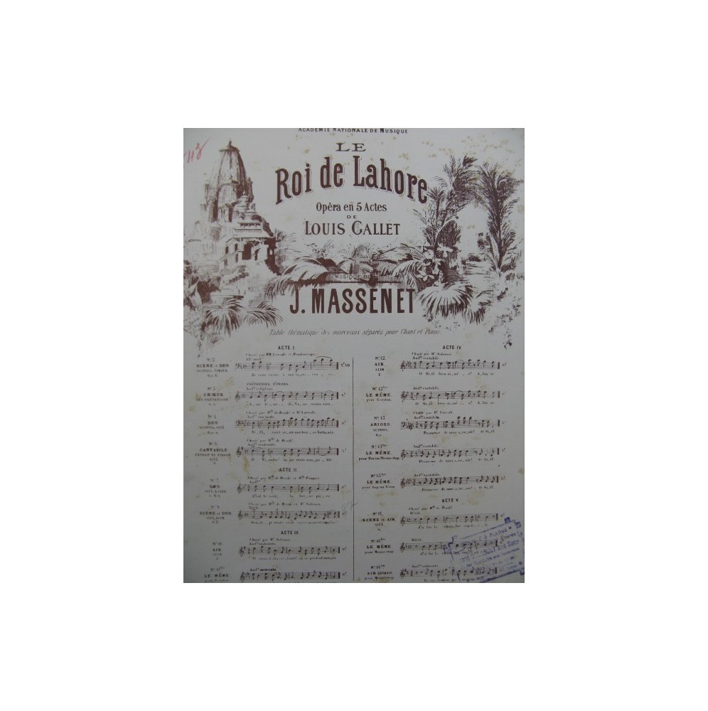 MASSENET Jules Le Roi de Lahore No 9 Chant Piano XIXe