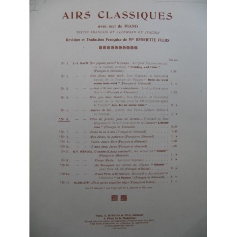 BACH J. S. Plus de Peines Plus de Larmes Chant Piano 1909