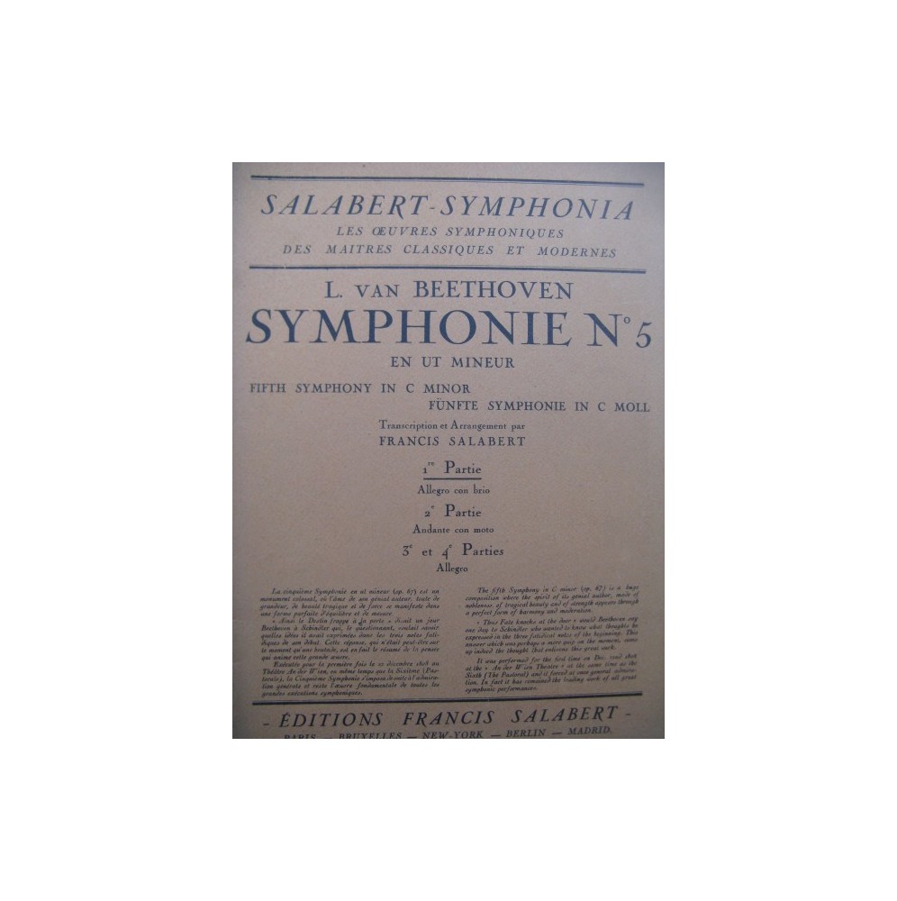 BEETHOVEN Symphonie No 5 Orchestre Piano Violon 1927