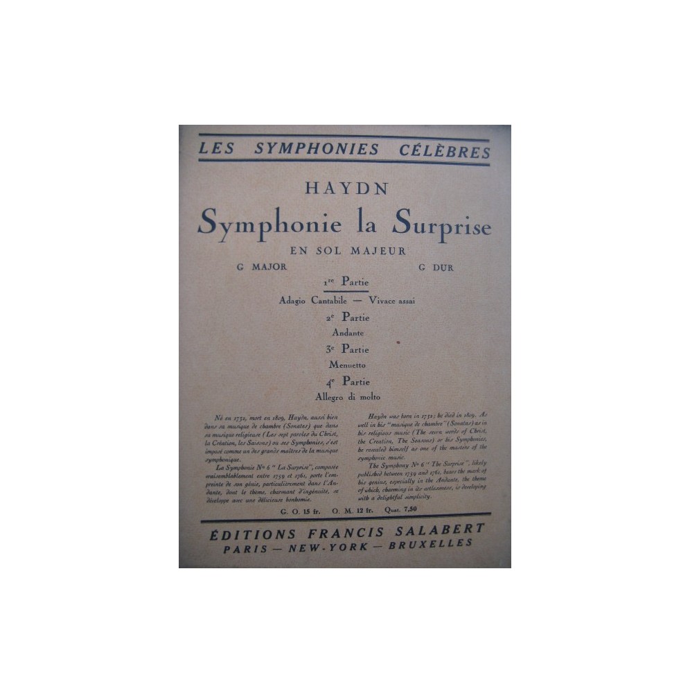 HAYDN Joseph Symphonie La Surprise Orchestre Piano Violon 1927