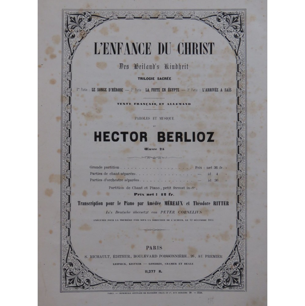 BERLIOZ Hector L'Enfance du Christ Chant Orchestre ca1855