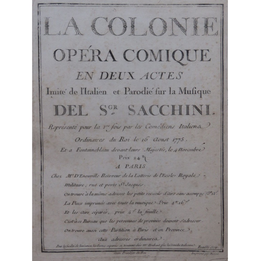 SACCHINI Antonio La Colonie Opéra Chant Orchestre ca1775