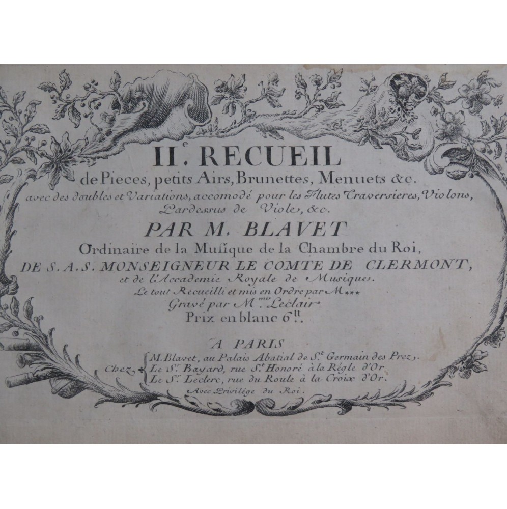 BALVET Michel Recueil No 2 de Pièces Flûtes ou Violons ou Violes ca1735