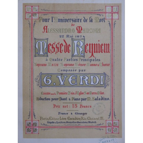 VERDI Giuseppe Messe de Requiem Chant Piano 1874