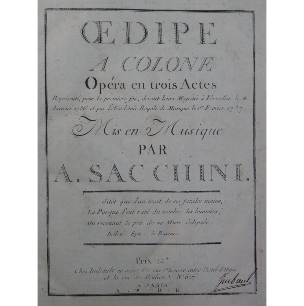 SACCHINI Antonio Oedipe à Colone Opéra Orchestre Chant 1787