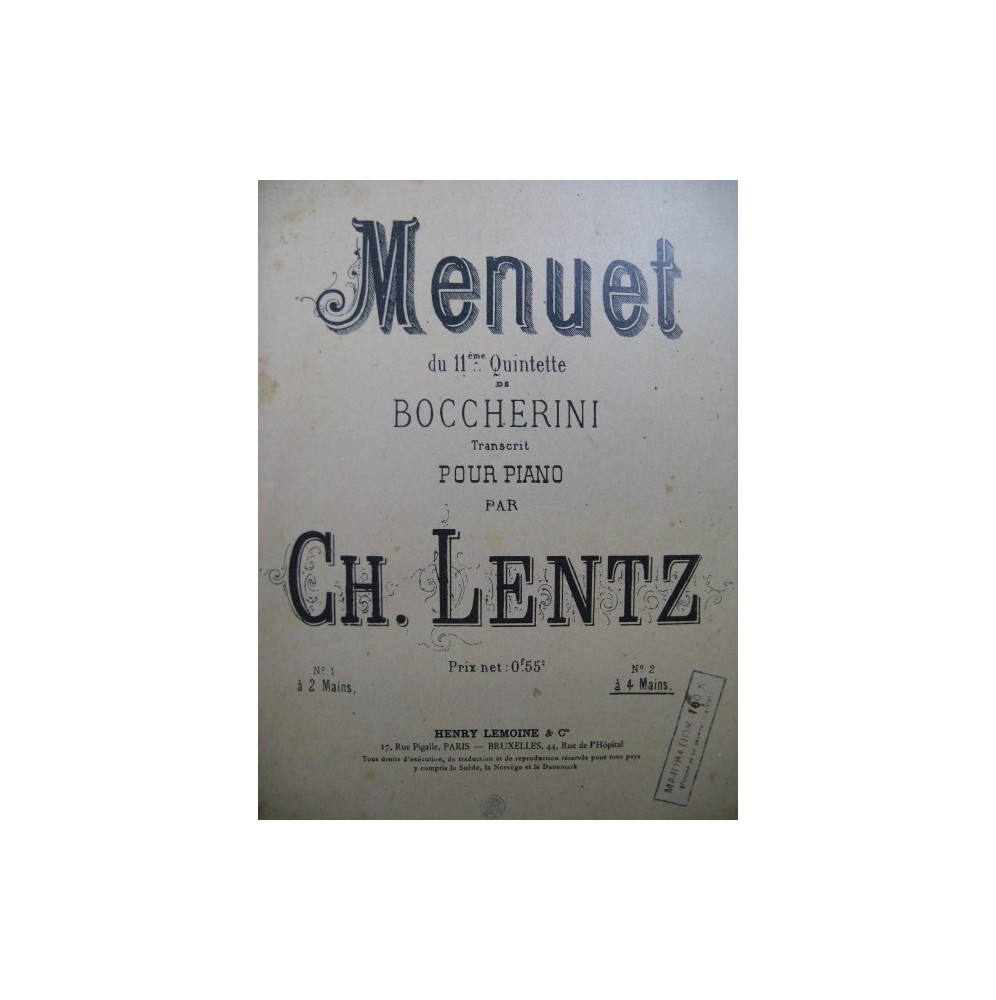 BOCCHERINI Luigi Menuet du 11e Quintette Piano 4 mains