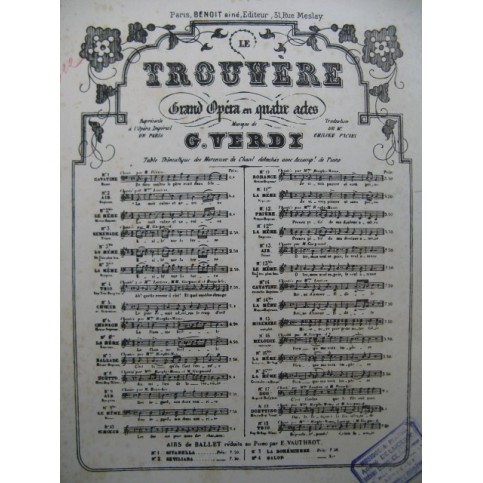 VERDI G. Le Trouvère Romance Chant Piano ca1860