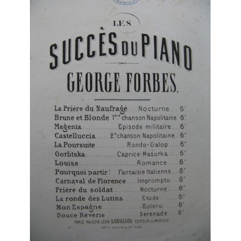 FORBES George Brune et Blonde Chanson Napolitaine Piano XIXe
