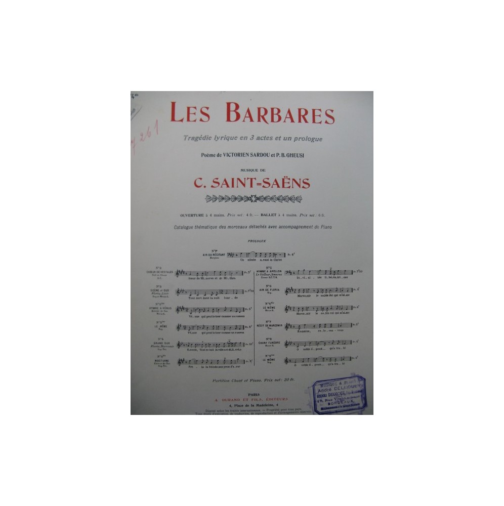 SAINT-SAËNS Camille Les Barbares No 4 bis Chant Piano 1902