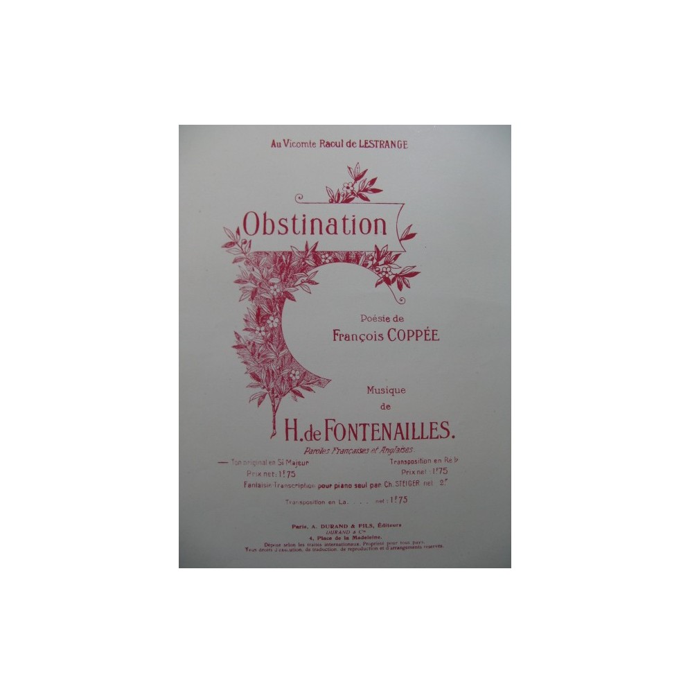 DE FONTENAILLES H. Obstination Chant Piano 1929