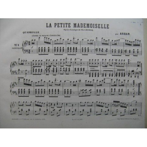 ARBAN La Petite Mademoiselle Quadrille Piano XIXe
