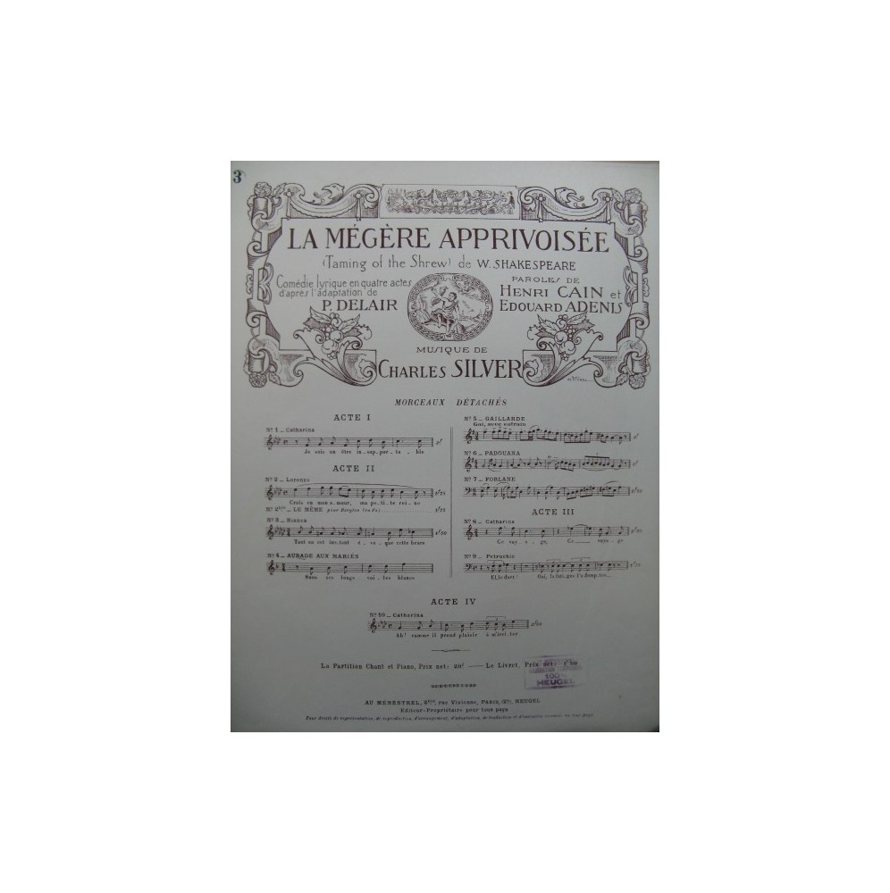 SILVER Charles La Mégère Apprivoisée No 3 Chant Piano 1922