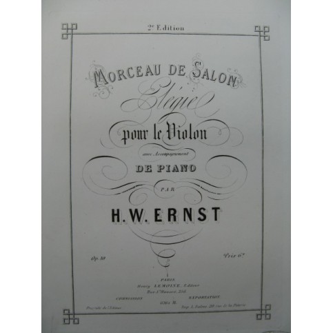 ERNST H. W. Élégie Piano Violon ca1865