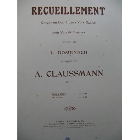 CLAUSSMANN A. Recueillement Chant Piano 1912