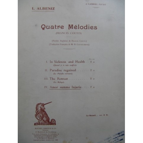 ALBENIZ Isaac Amor Summa Injuria Chant Piano 1909