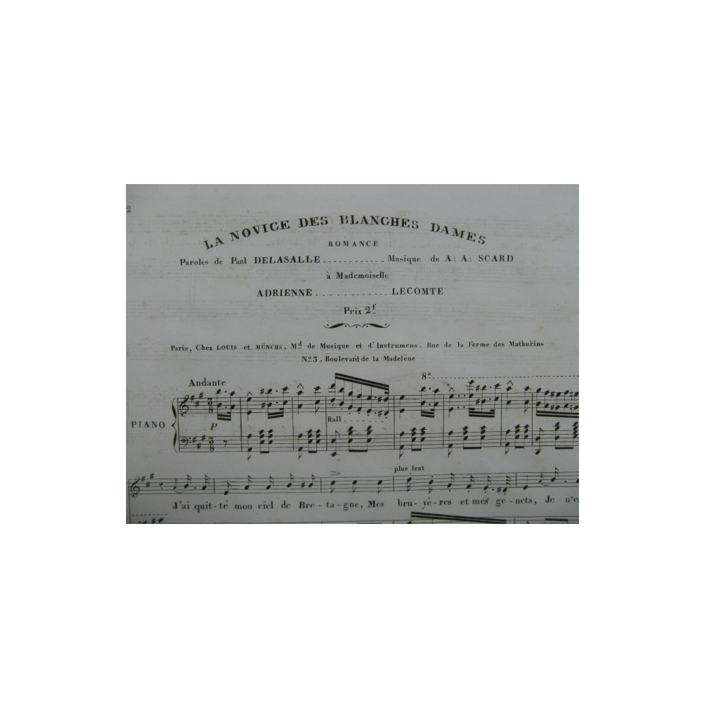 SCARD A. Antoine La Novice des Blanches Dames Chant Piano ca1830