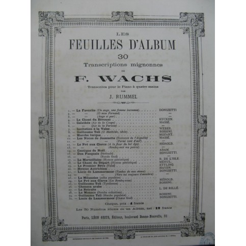 WACHS Frédéric Galathée Chanson de la Coupe Piano 4 mains ca1870