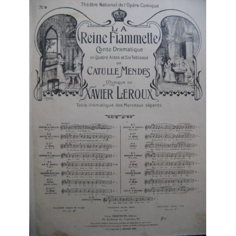 LEROUX Xavier La Reine Fiammette Elégie d'Orlanda Chant Piano 1903
