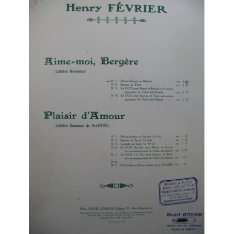 FÉVRIER Henry Aime-moi Bergère Piano Chant 1904