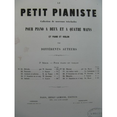 BLANC Adolphe Menuet op 46 bis Piano Violon ca1855
