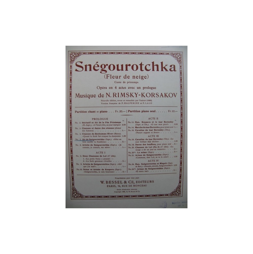 RIMSKY-KORSAKOV N. Air de Snégourotchka Chant Piano 1908