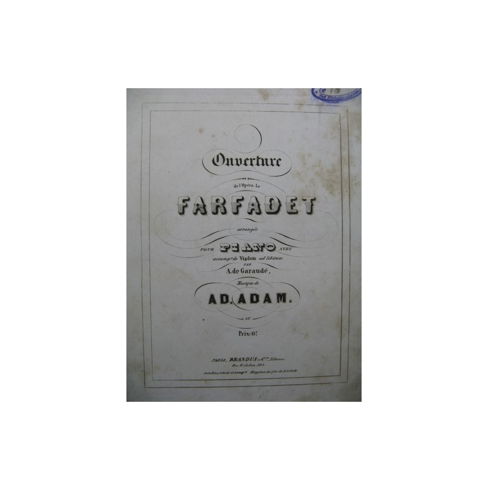 ADAM Adolphe Le Farfadet Ouverture Piano Violon ca1853