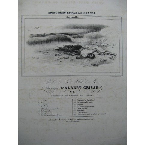 GRISAR Albert Adieu Beau Rivage de France Barcarolle Chant Piano ca1830
