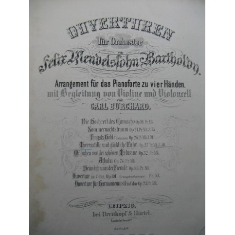 MENDELSSOHN Meeresstille und glückliche Fahrt Piano 4 mains ca1875