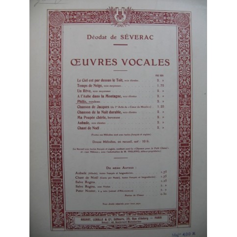DE SÉVÉRAC Déodat Philis Chant Piano 1924