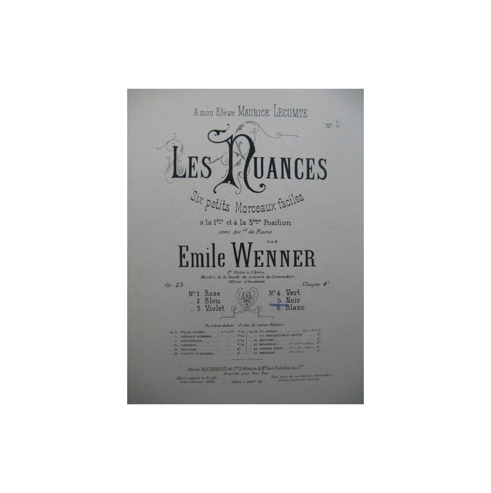 WENNER Emile Noir Violon Piano 1895