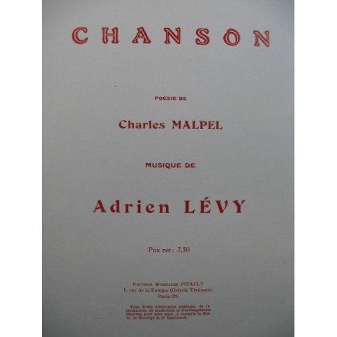 LÉVY Adrien Chanson Piano Chant 1905