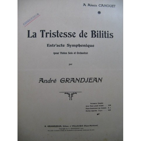GRANDJEAN André La Tristesse de Bilitis Orchestre 1919