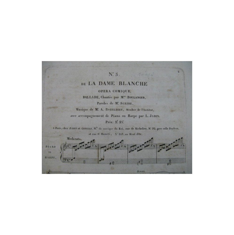 BOIELDIEU Adrien La Dame Blanche No 5 Chant Harpe ou Piano ca1825