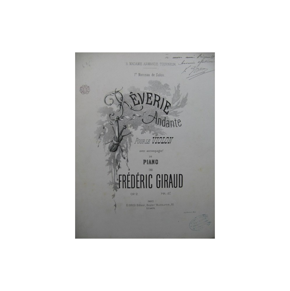 GIRAUD Frédéric Rêverie Andante Dédicace Piano Violon ca1860