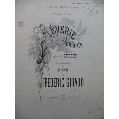 GIRAUD Frédéric Rêverie Andante Dédicace Piano Violon ca1860