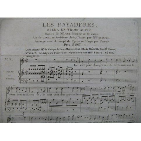 CATEL Ch. S. Les Bayadères No 8 Chant Piano ou Harpe ca1810
