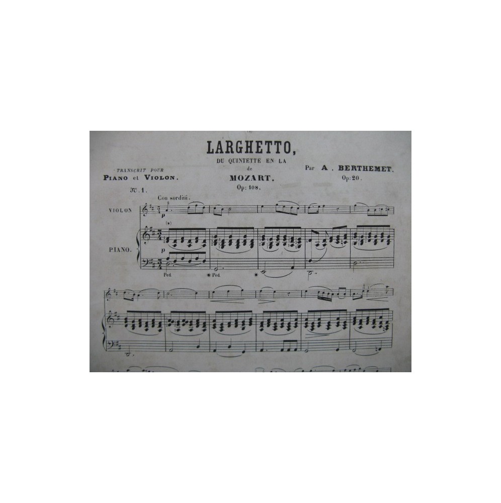MOZART W. A. Larghetto op 108 Piano Flûte ou Violon XIXe