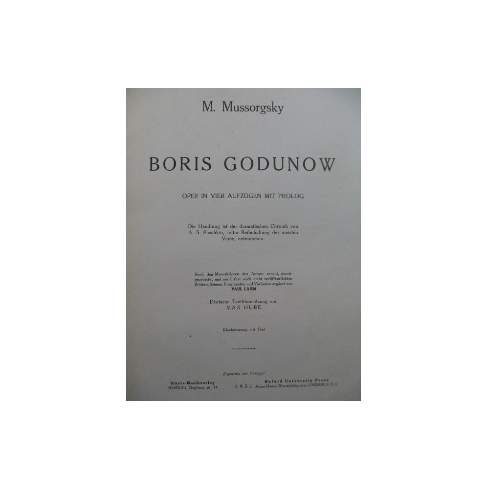 MUSSORGSKY M. Boris Godunow Opera Chant Piano 1931